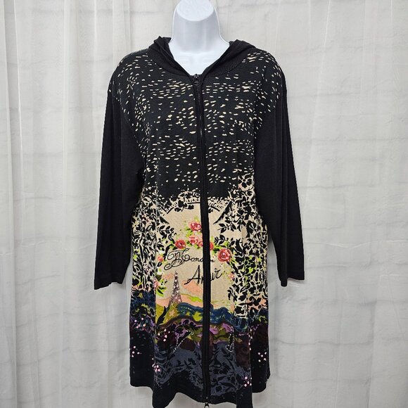 Lanz Black Jacket Hooded Paris Eiffel Artsy Tower Boho Zip Jersey 2XL - Picture 10 of 10